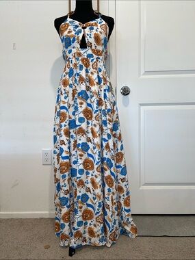 Floral Cutout Maxi Dress in White, Blue & Brown